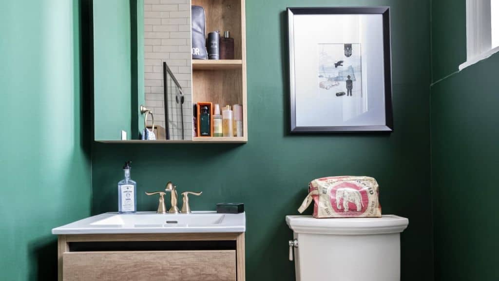 What color goes with green in a bathroom?